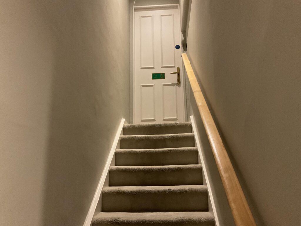 Carpeted staircase with oak handrail leading up to a panelled door